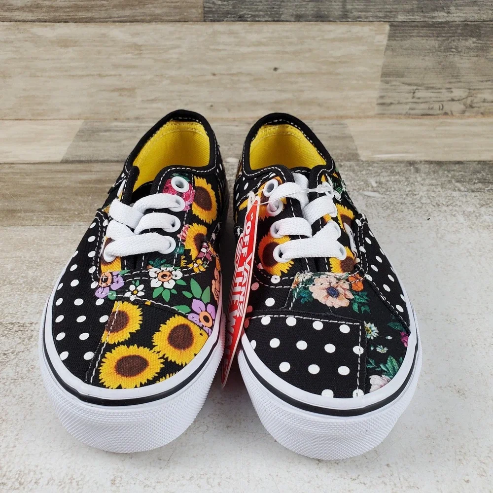 Vans Authentic Kids Shoes Sz 12 Black Yellow Sunflower Patchwork Print Sneakers